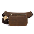 Brown cowhide men's sports waist bag with adjustable strap and internal phone pocket