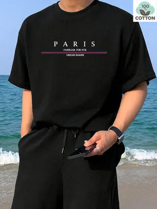 Men's white short-sleeved t-shirt with black letter print design on pure cotton fabric