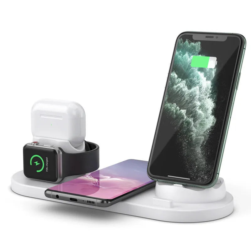 Black 6-in-1 wireless charging station with smartphone, AirPods and iWatch charging areas