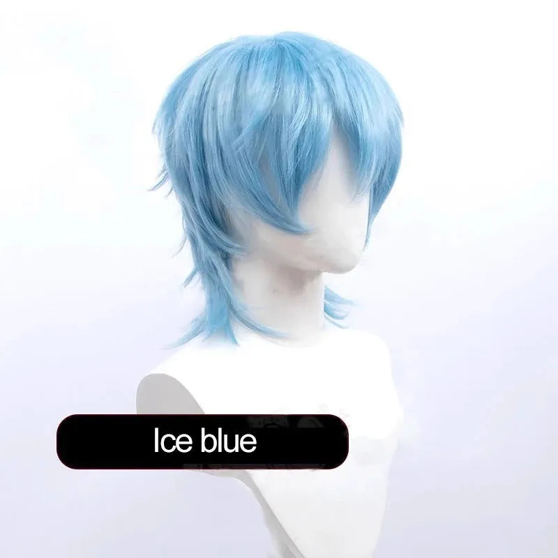 A short hairstyle Anime cosplay wig for men on a stand, shown in a vibrant colour.