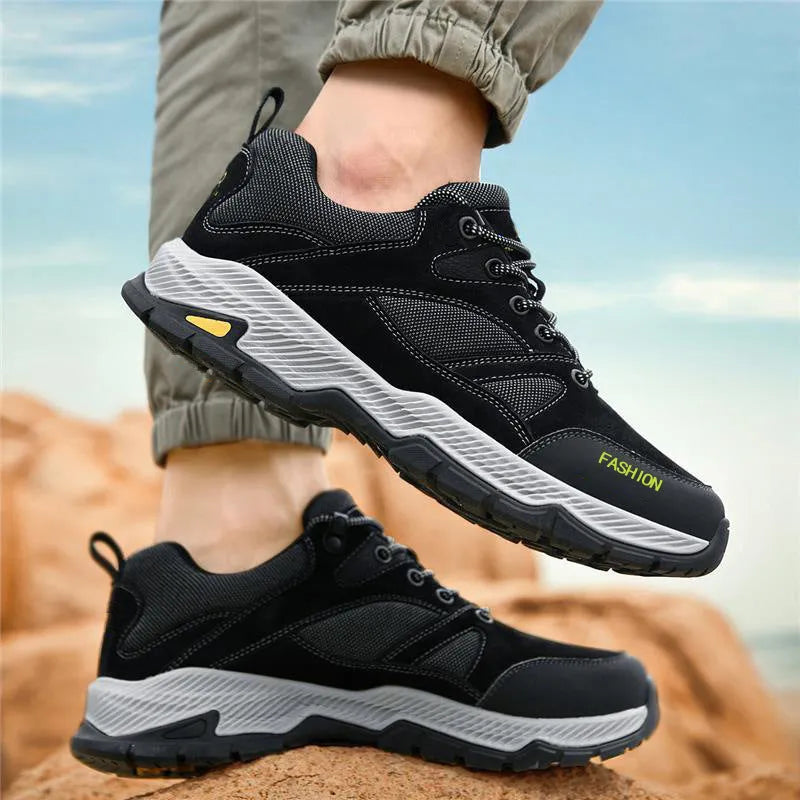 Men's black lace-up sneakers with flyknit upper, round toe, and flat sole
