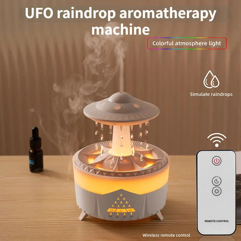 Raindrop humidifier with 350ml capacity, 7 colour nightlight, and essential oil diffuser in white finish