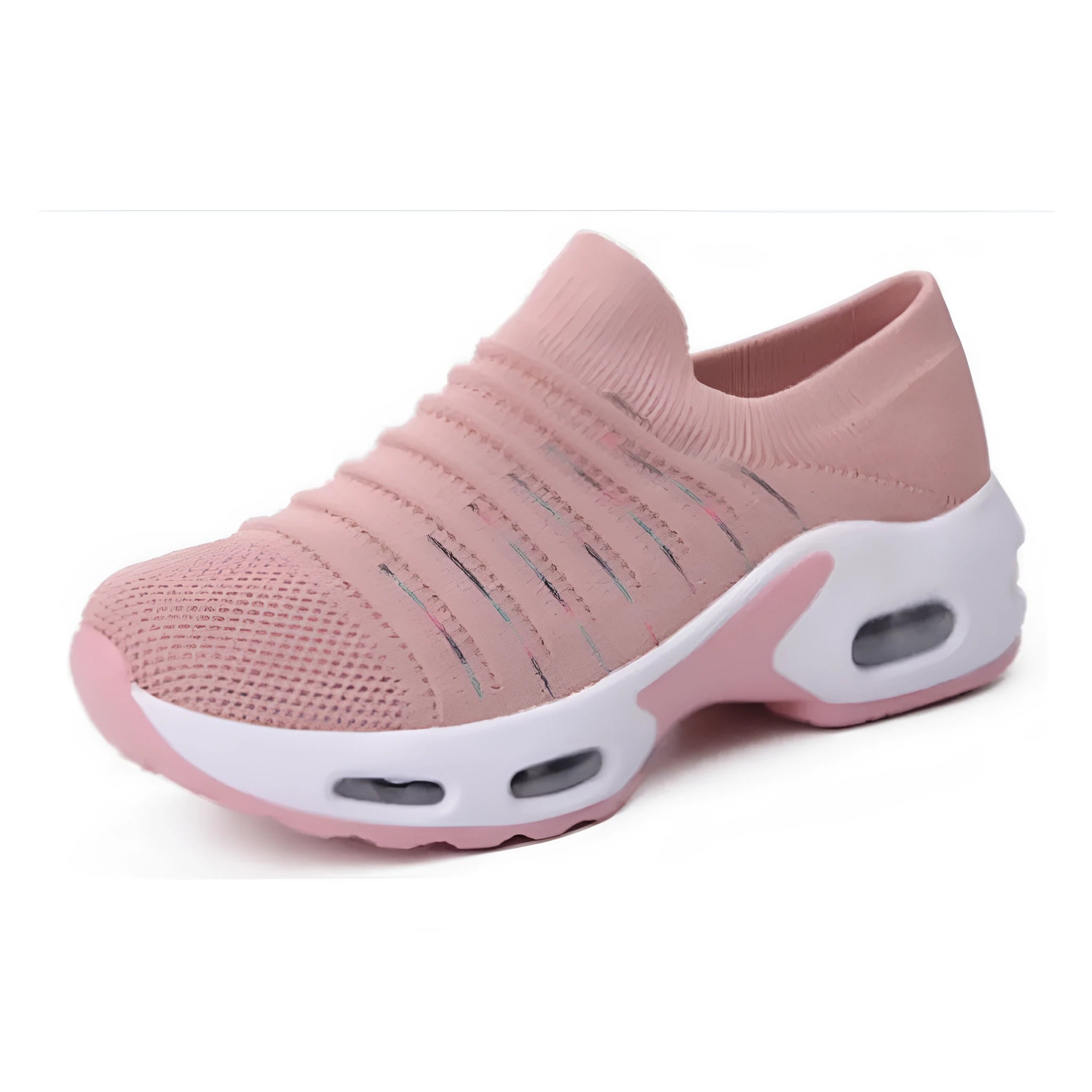 Women's fly-knit stretch sock shoes in light grey with low heel and round toe.