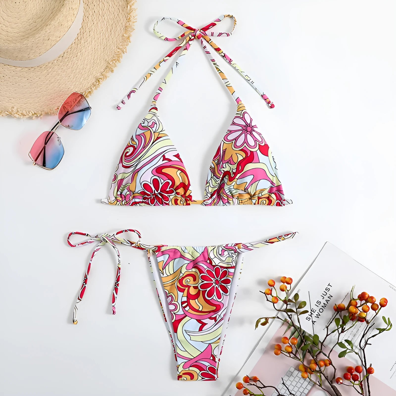 Women's triangle printed bikini with halter neck top and separate bottom in multicolour