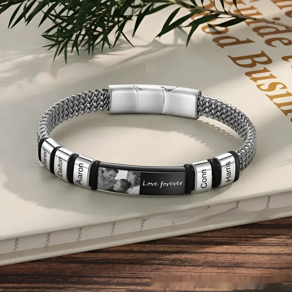 Men's titanium steel and leather rope lettering bracelet with heart-shaped exotic design.