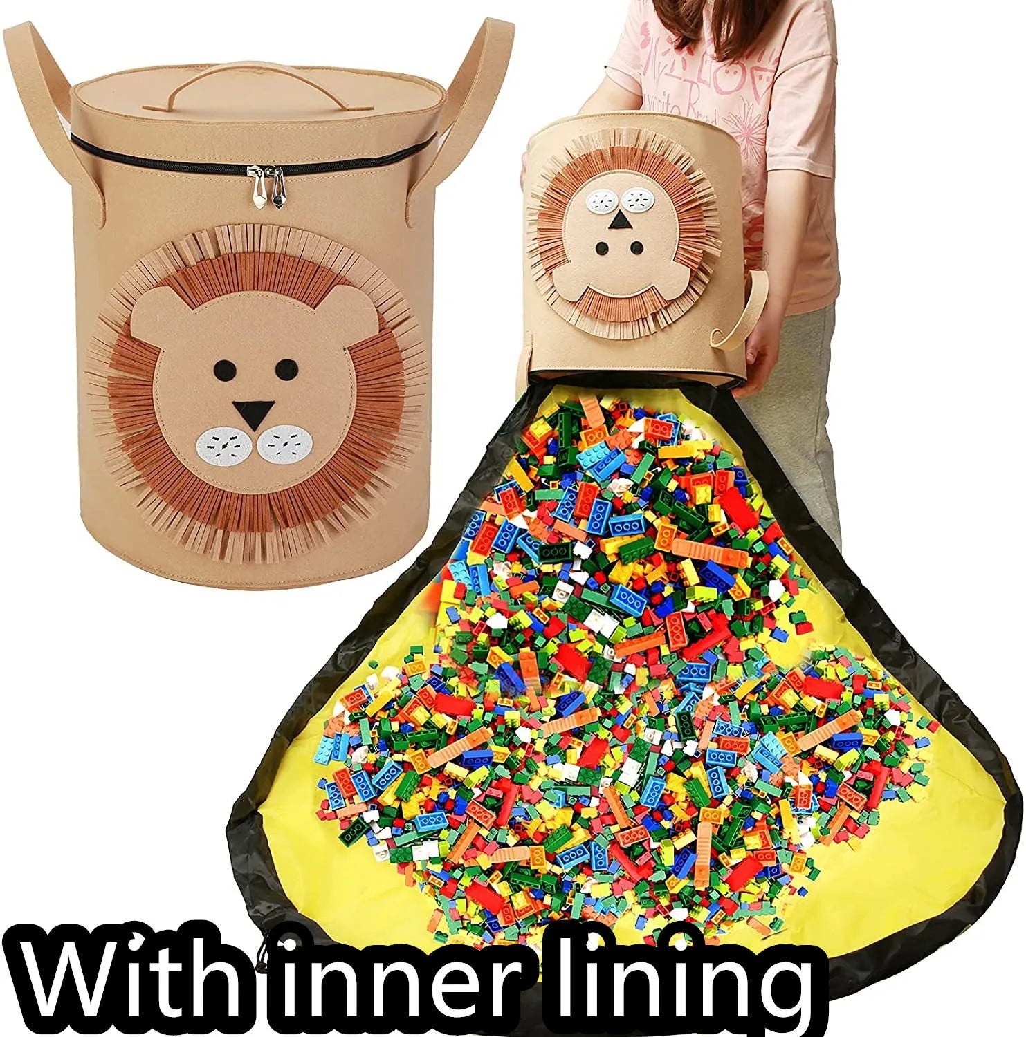 Green felt storage bag cinched closed with pull rope, shown next to it laid flat as a play mat