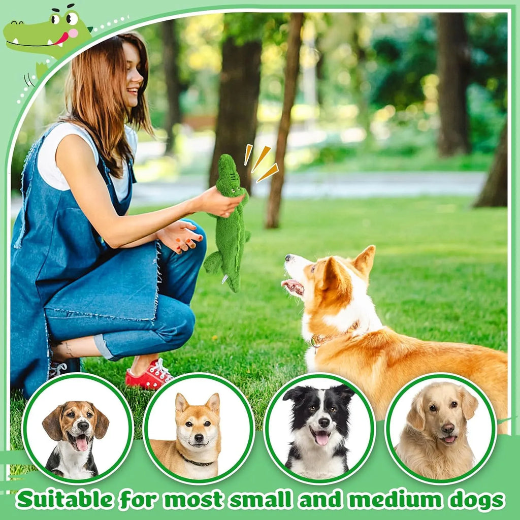 Green crocodile-shaped plush dog toy with no stuffing, for aggressive chewers