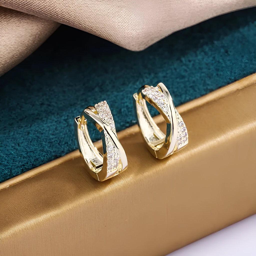 Geometric copper earrings with 14K yellow finish and zircon treatment