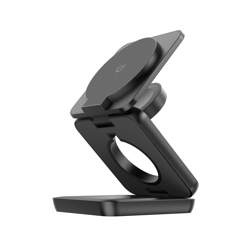 Foldable black magnetic wireless charging phone holder mounted on a car dashboard.