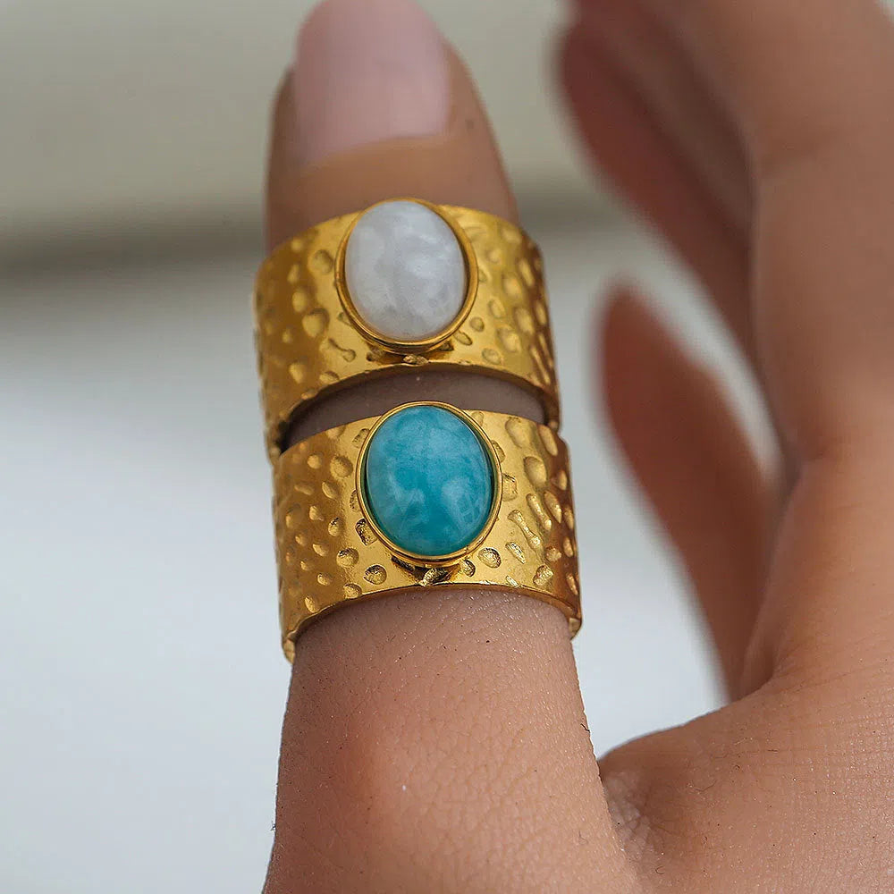Natural stone open ring for women, leaf shape, stainless steel, electroplated finish, round stone, Ins style