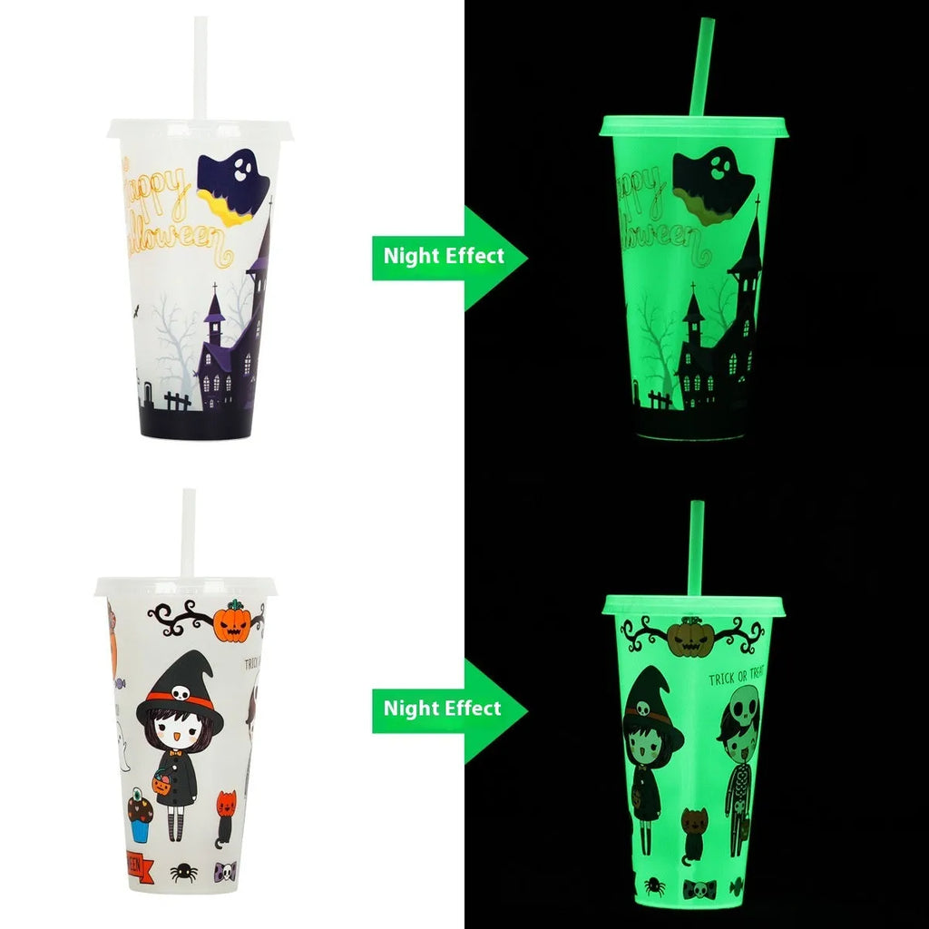 720ml Halloween luminous plastic straw cup with drinking straw in cylindrical design