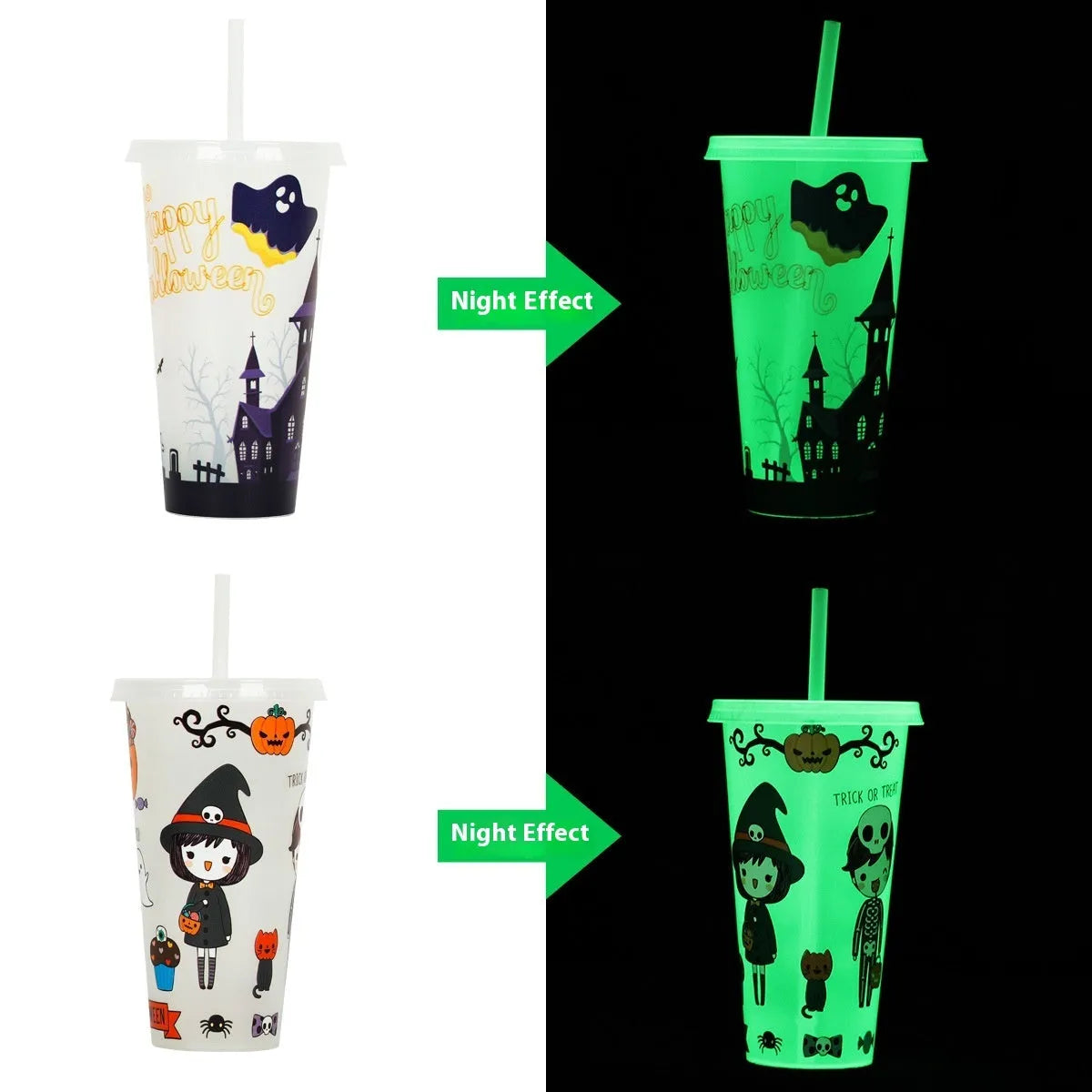 720ml Halloween luminous plastic straw cup with drinking straw in cylindrical design