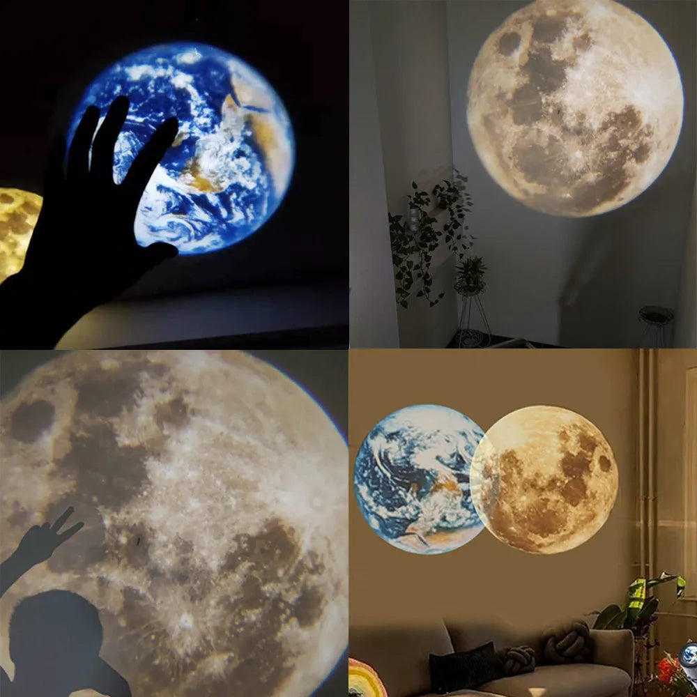 Earth and Moon LED projector lamp with adjustable rotating bracket on wooden surface