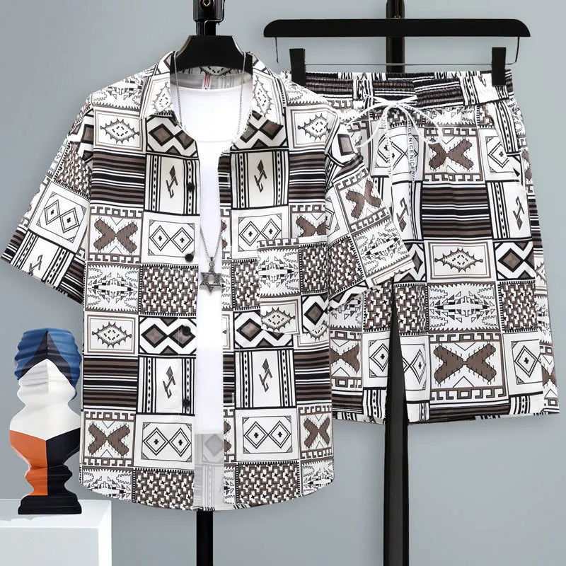 Men's casual sports shorts two-piece set with short sleeve top and matching polyester shorts