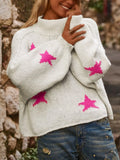 White women's imitation velvet pullover jumper with star pattern and turtleneck design