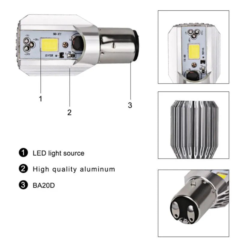 Motorcycle LED headlight with aluminium housing and white light output