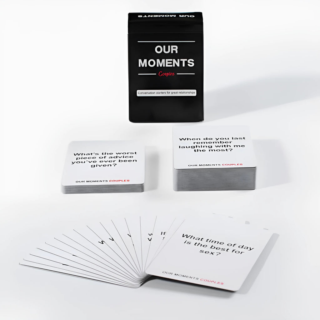 Black presentation box containing Our Time Lovers Edition communication cards for couples