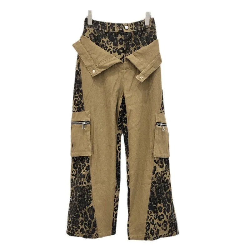 Women's dark khaki leopard print high-waist jeans with tooling style stitching and straight leg