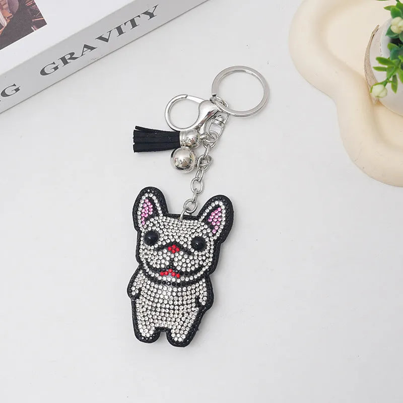 French dog cartoon rhinestone keychain pendant in caramel colour with alloy electroplating