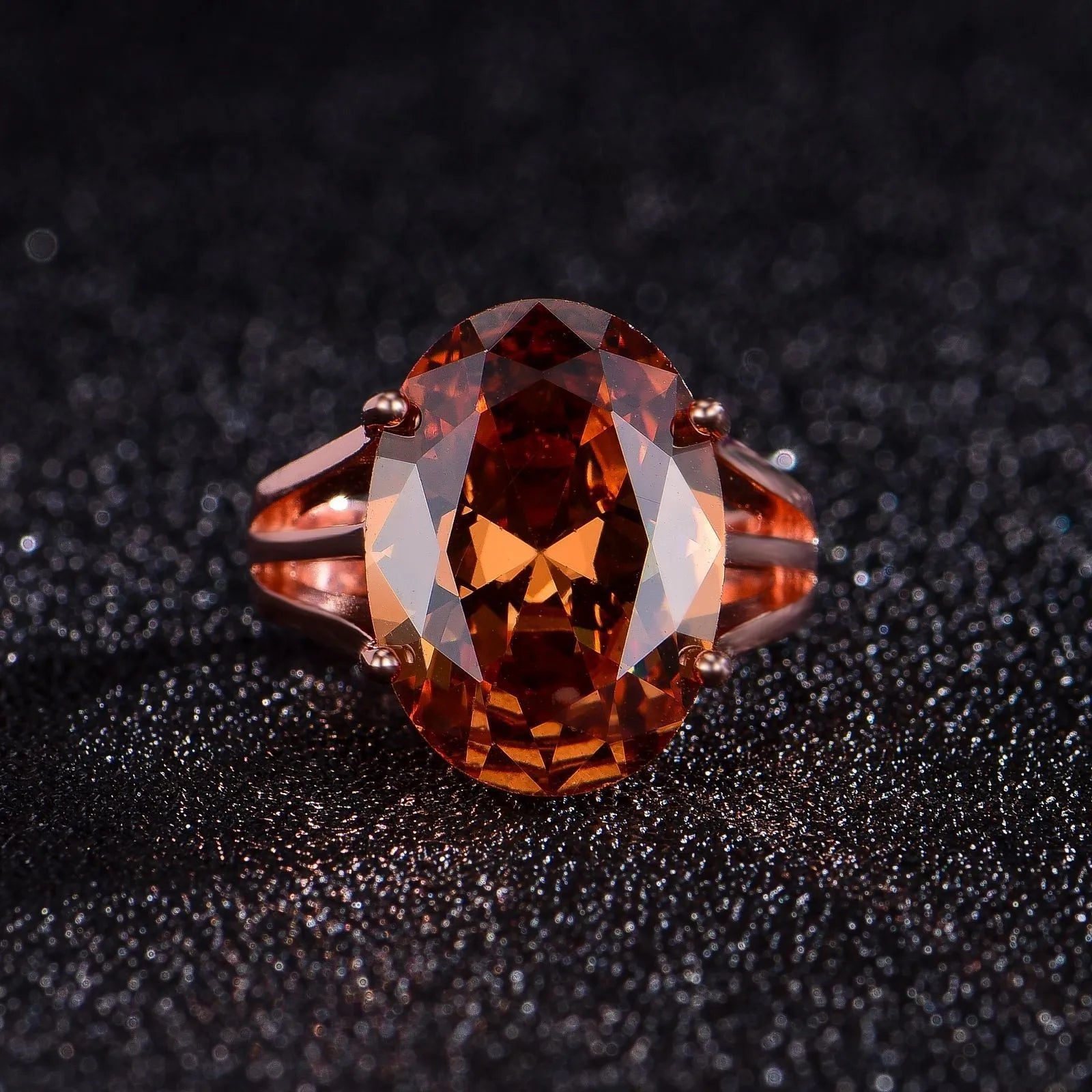Oval champagne zirconia closed ring with rose gold plating on copper base, adjustable fit sizes 6 to 9, geometric shape