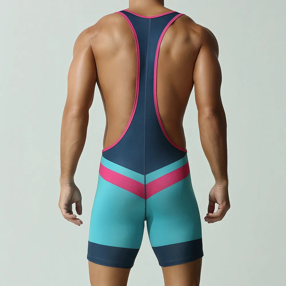 Men's solid colour quick-dry polyester sports vest jumpsuit on a model