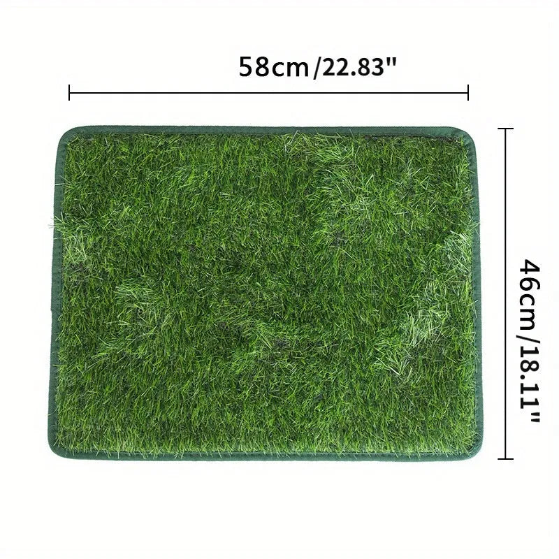 Artificial grass dog toilet training mat with non-slip backing, shown in three available sizes.