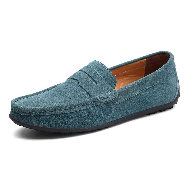 Men's suede Gommino loafers in plus sizes on a flat rubber sole, shown in a colour option.