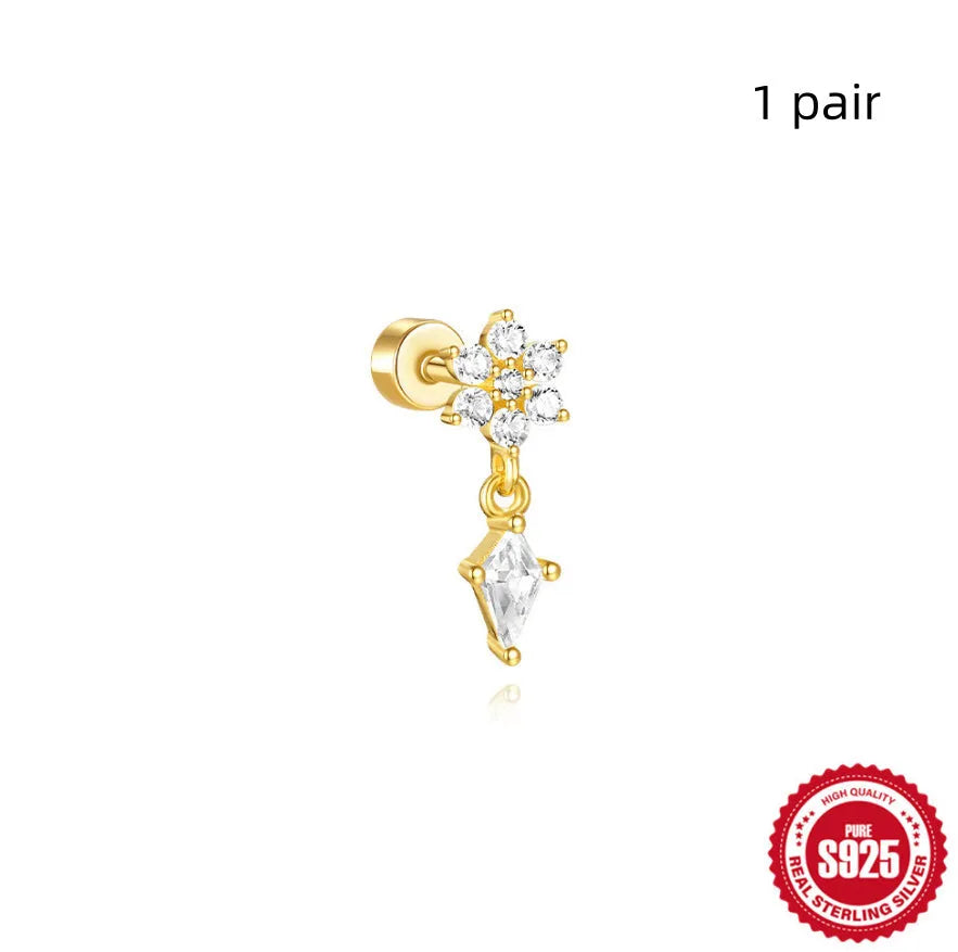 S925 sterling silver geometric flat column thread ear bone studs in gold plating.