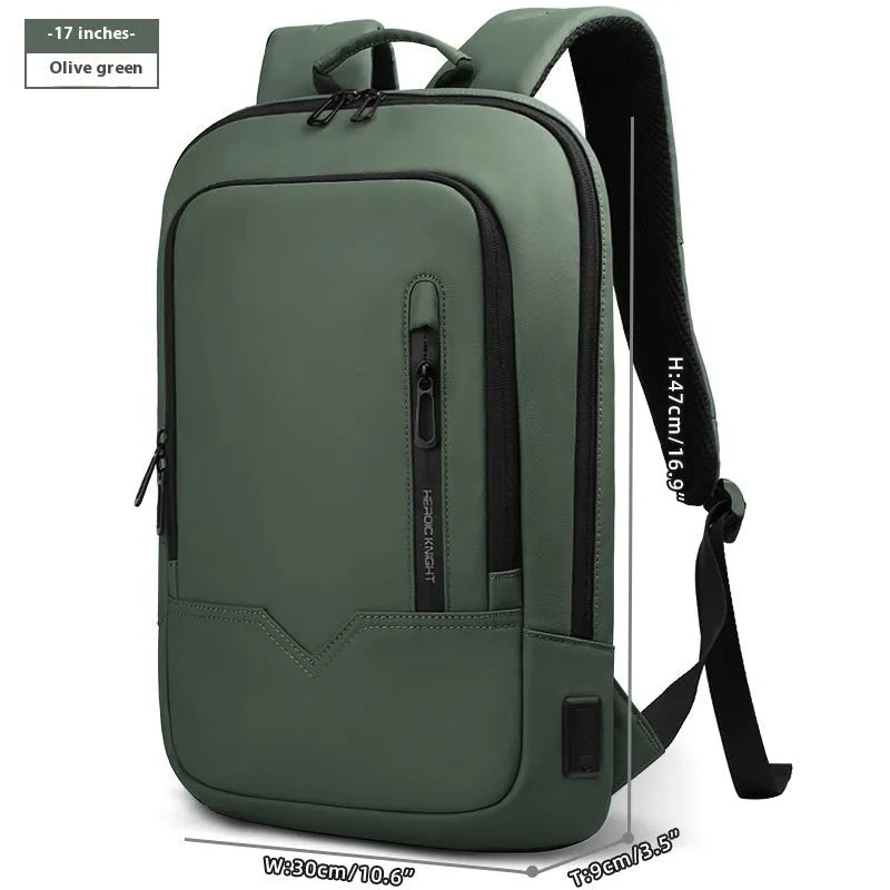 Solid colour polyester laptop backpack with USB charging port shown in olive green.