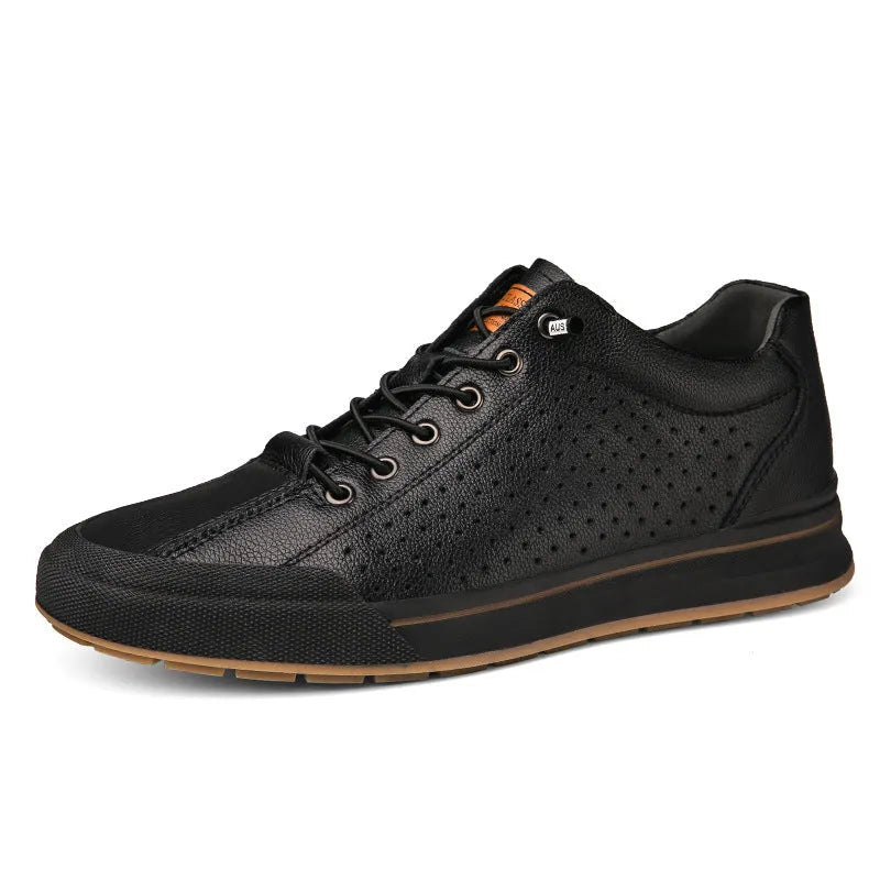 Men's white matte leather casual shoes with round toe and flat sole.