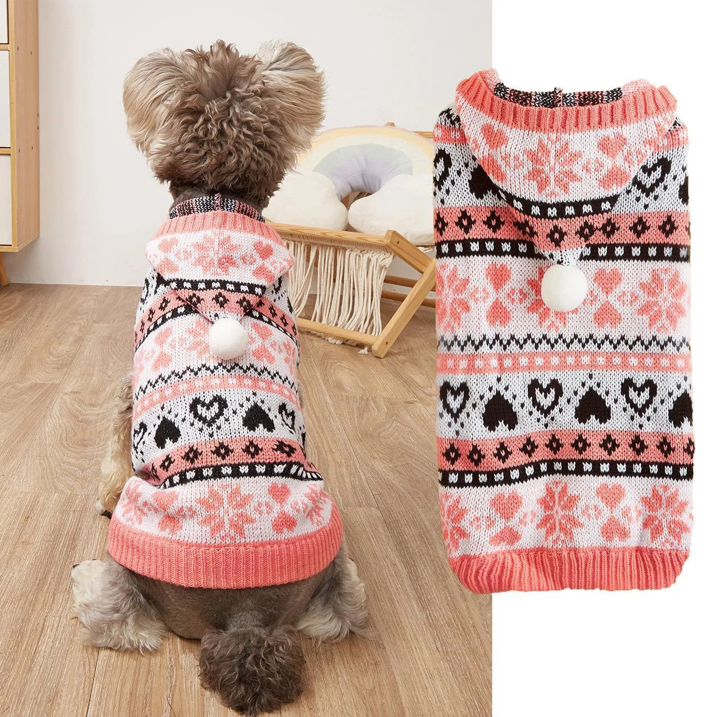 Acrylic knitted dog jumper with snowflake love stripe camouflage pattern in blue pink grey colour options