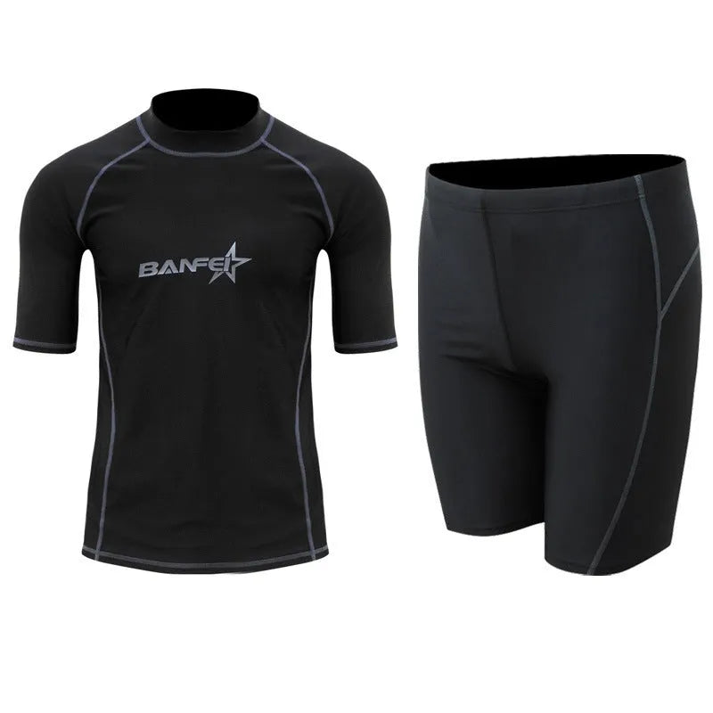 Men's navy blue quick-dry nylon swimsuit set with half sleeves and long swim pants