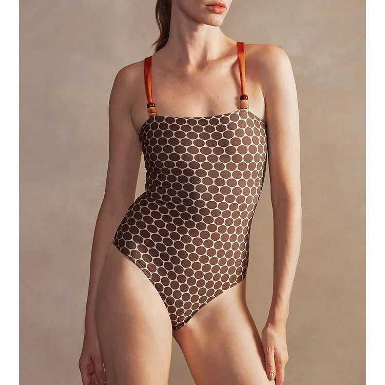Women's printed one-piece swimsuit with matching wrap skirt set in dots pattern polyester fabric