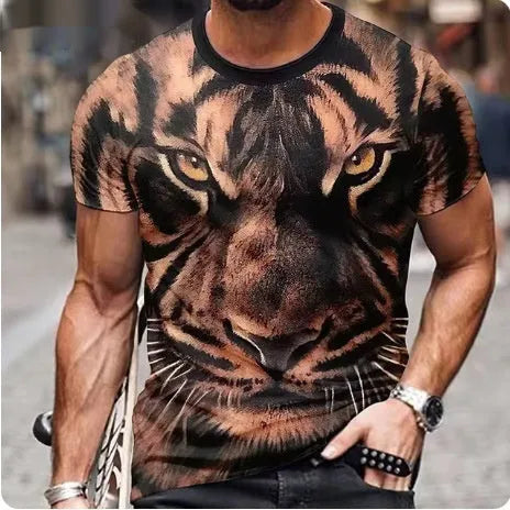 Men's black T-shirt with a large, fierce 3D lion head print on the front