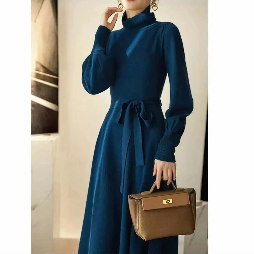 Turtleneck knitted dress with elastic waist and loose big hem in rose red colour