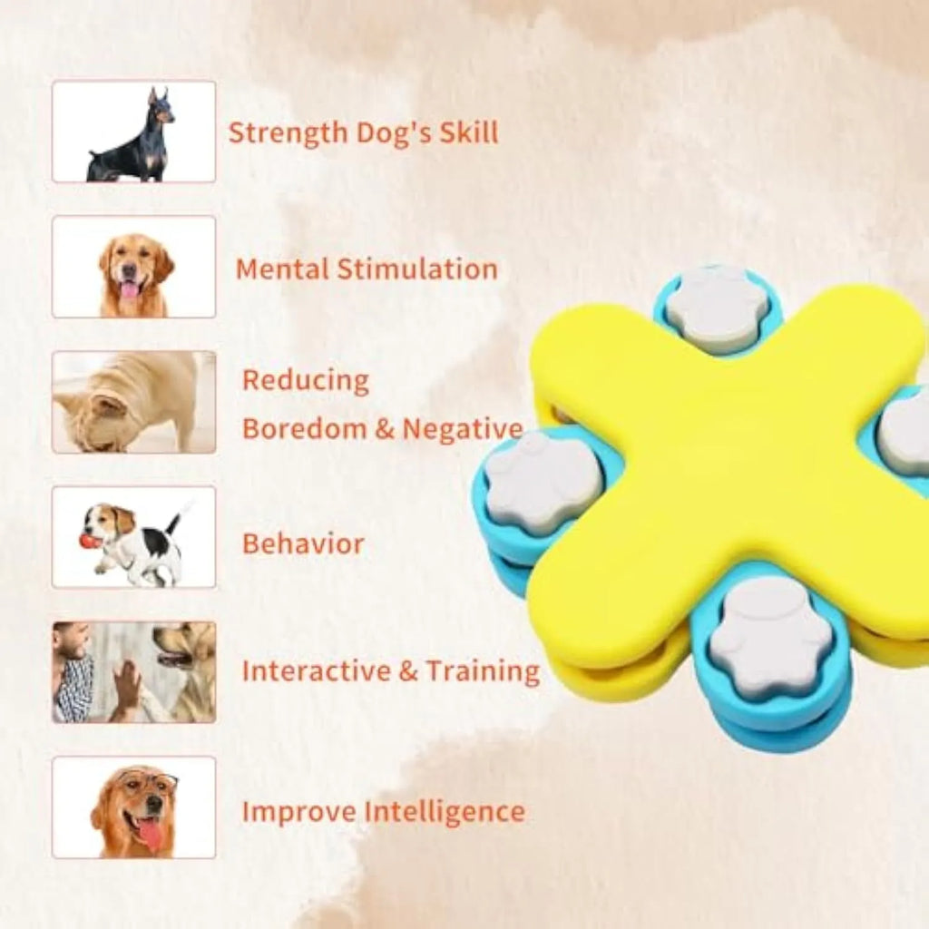 Yellow dog puzzle feeder bowl with three rotating layers and anti-slip rubber base