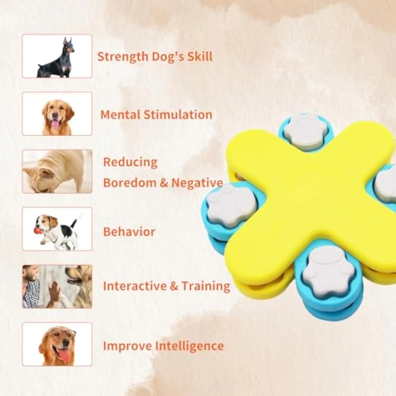 Yellow dog puzzle feeder bowl with three rotating layers and anti-slip rubber base