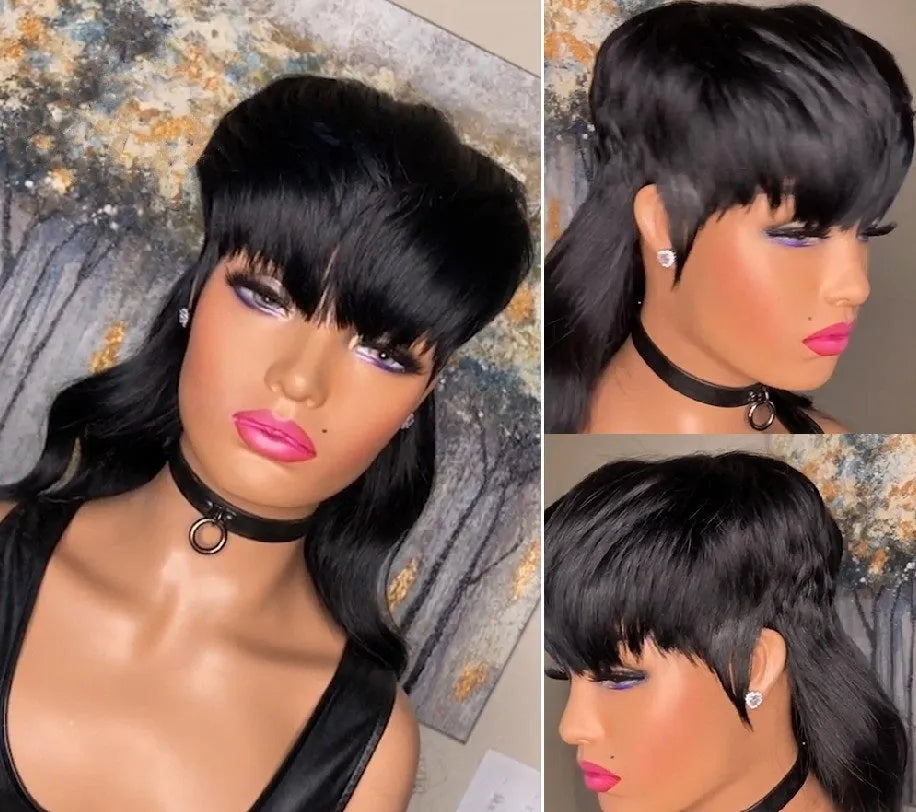 T7262 Black Brazilian synthetic wig with bangs and long hair, front short back long style.