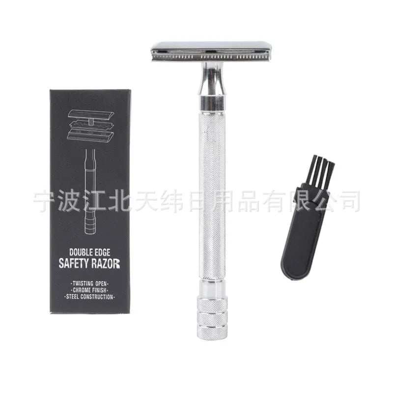 Traditional manual shaving razor and brush combination set in metal construction