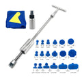 Automotive dent repair tool with metal T-shaped hammer and adhesive pullers for car bodywork