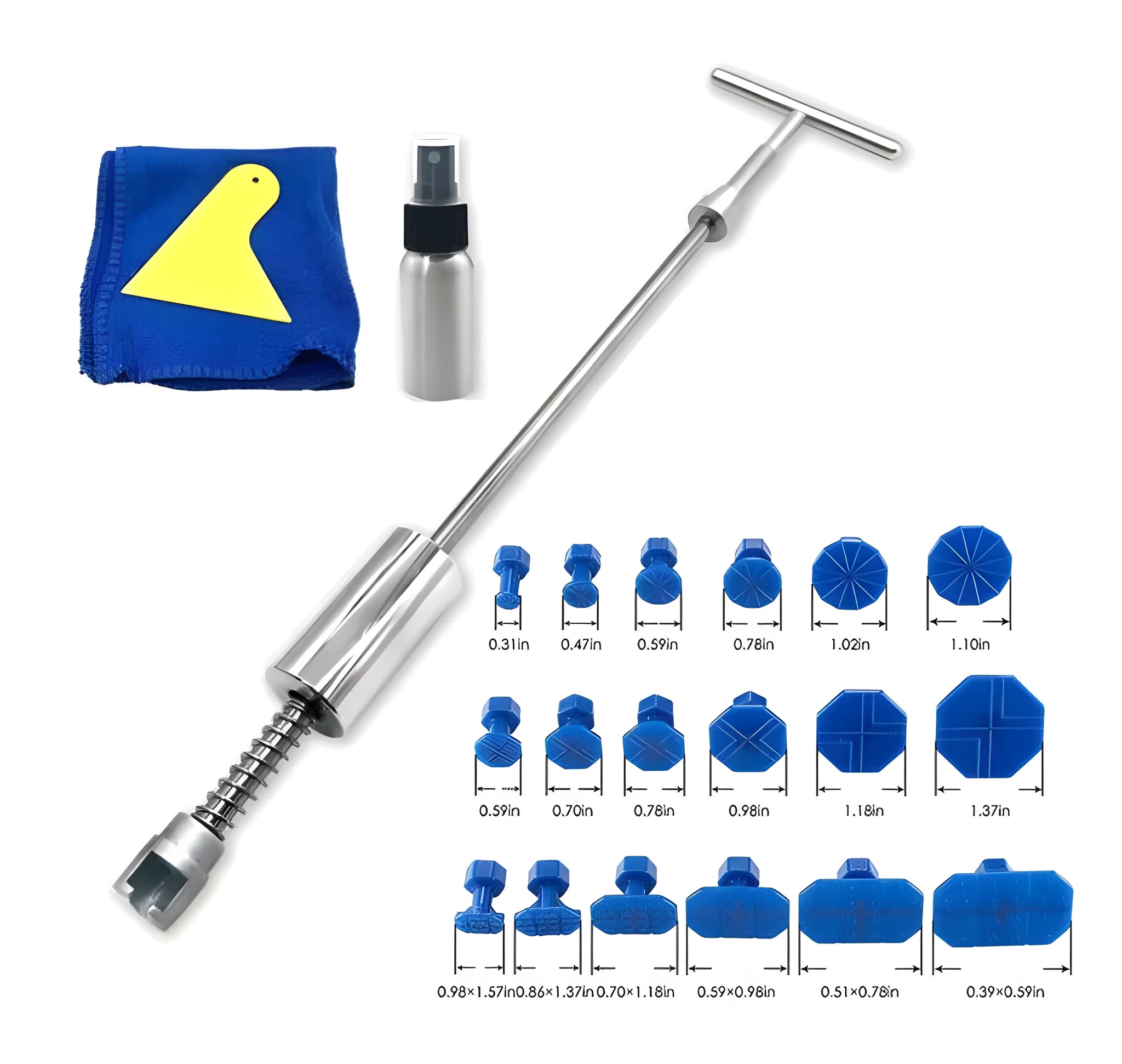 Automotive dent repair tool with metal T-shaped hammer and adhesive pullers for car bodywork