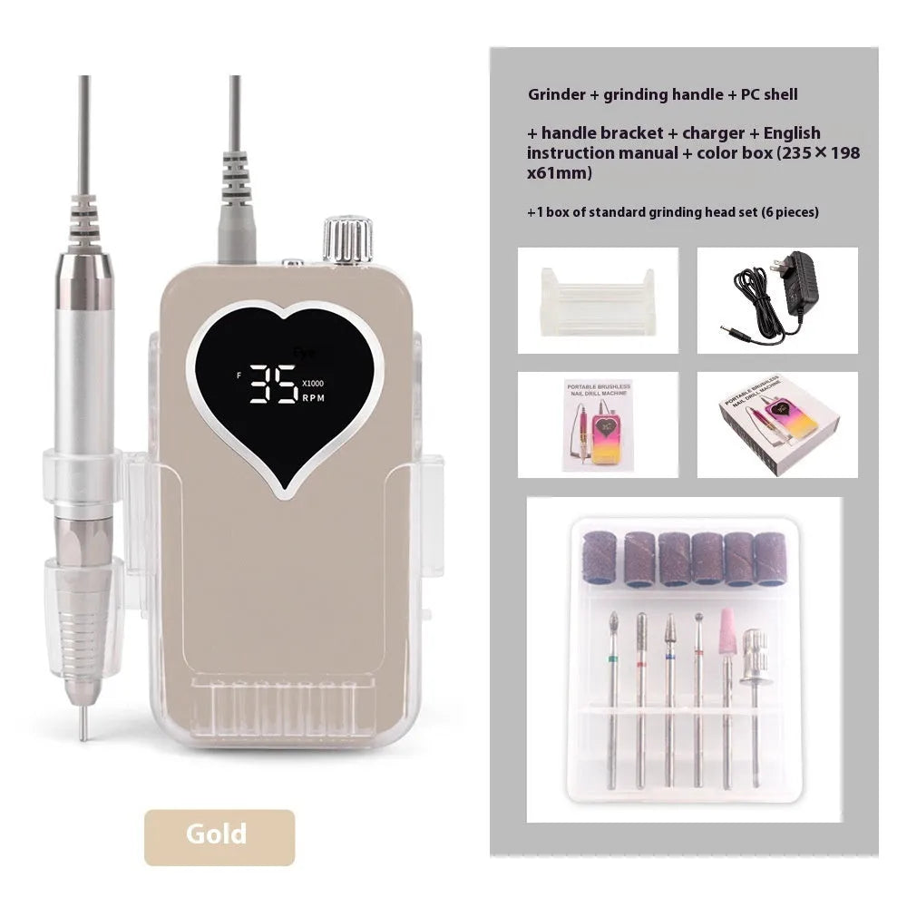 Brushless nail polishing machine with six-piece grinding head set and charger