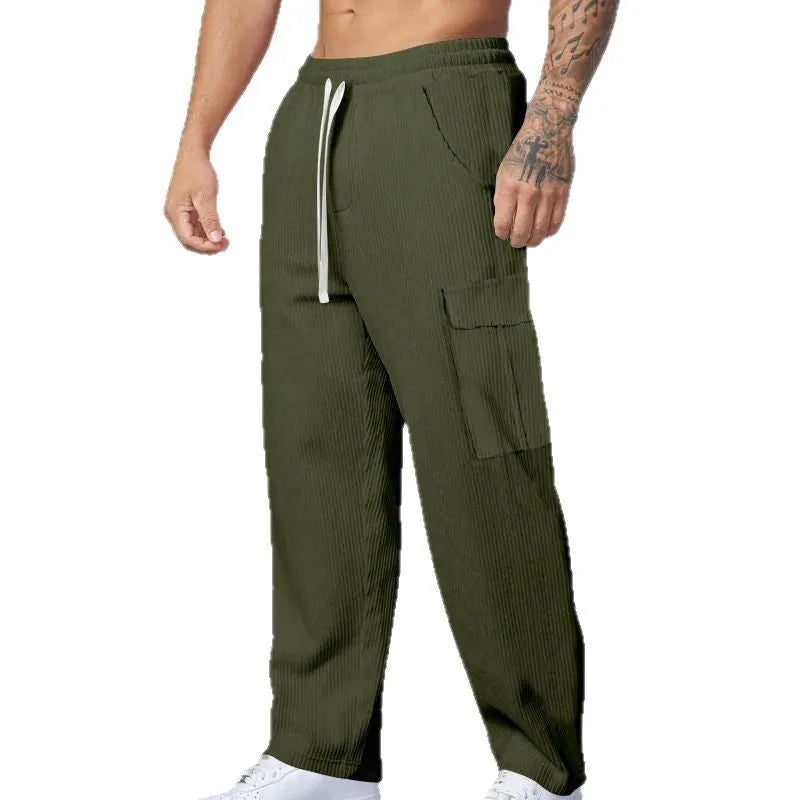 Men's corduroy cargo trousers in straight wide-leg design with drawstring waist