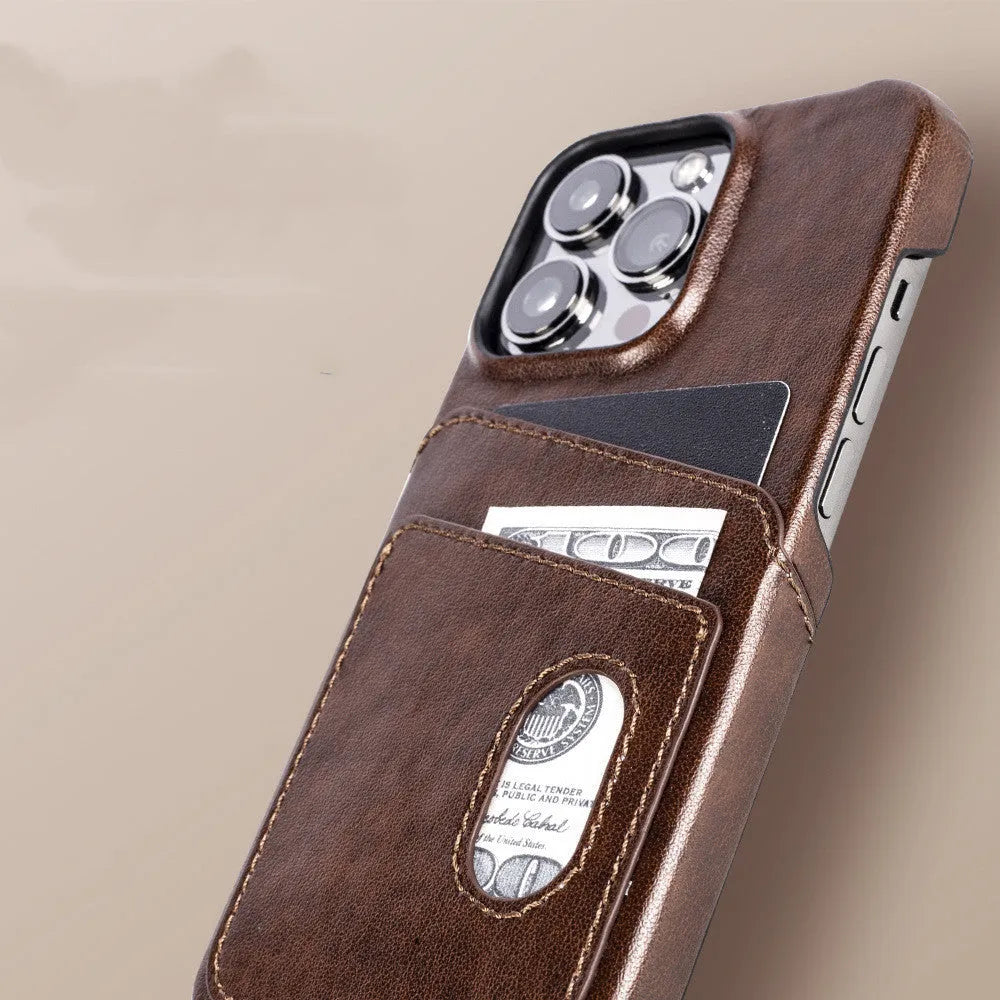 Flip PU leather phone case for iPhone showing card slot and folio cover in brown