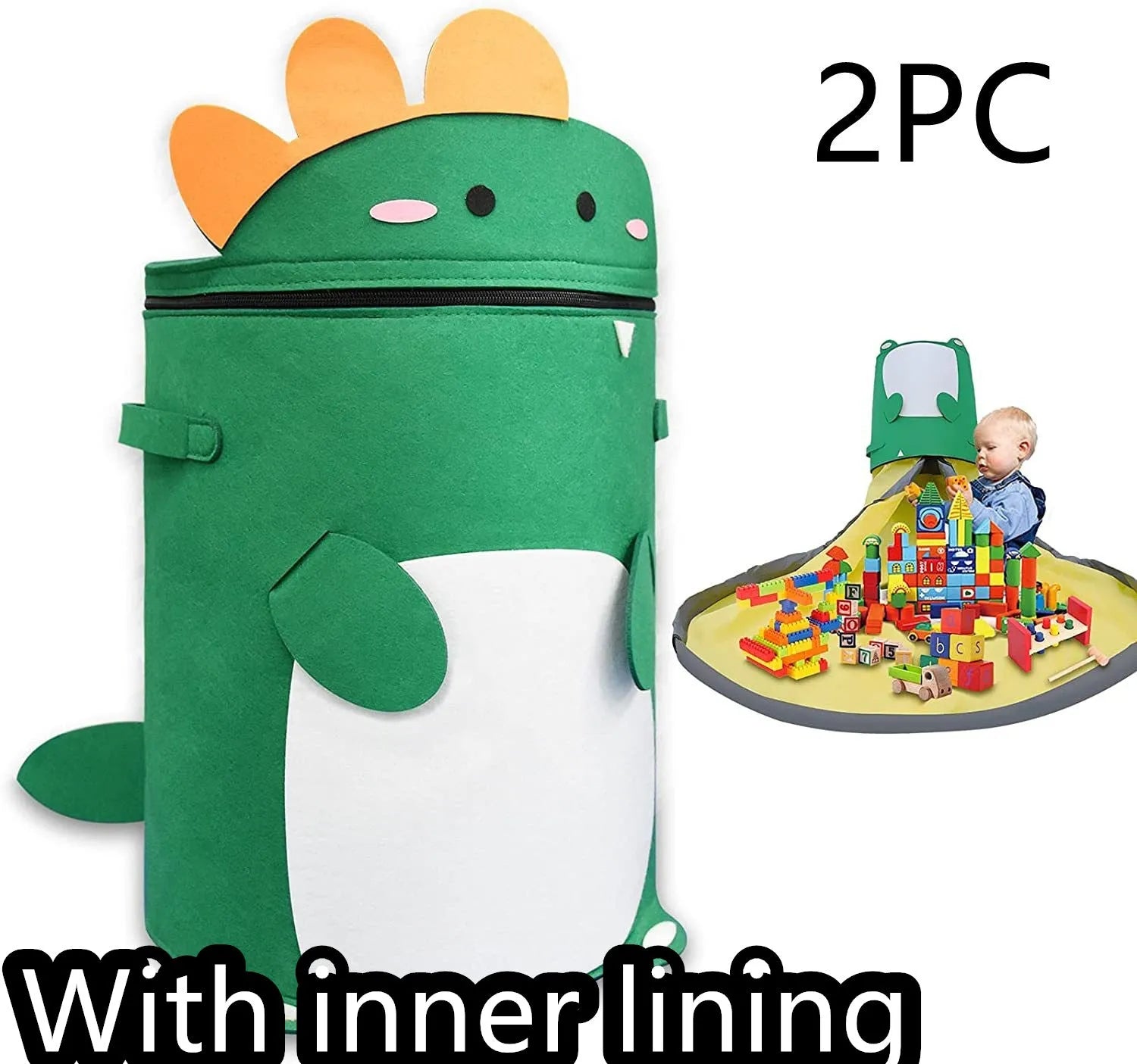 Green felt storage bag cinched closed with pull rope, shown next to it laid flat as a play mat