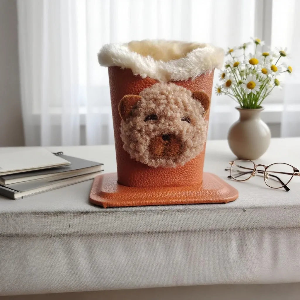 Nordic style fluffy cartoon desktop glasses storage bucket in leather with animal design, 11.6x8.1x12cm