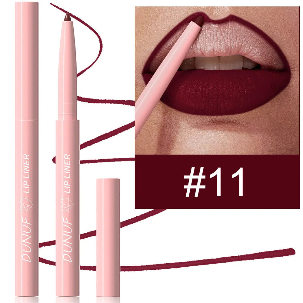 Twelve velvet matte lip liner pencils in a row showing different shades from a 12-colour collection.