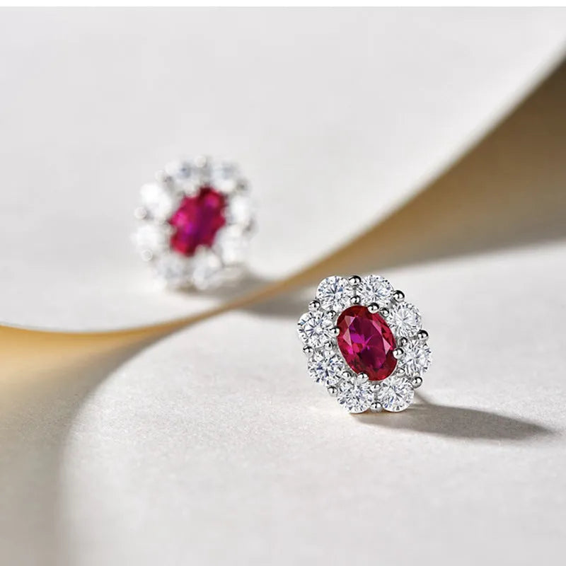 Simulated ruby oval earrings for women with zircon inlay and copper construction