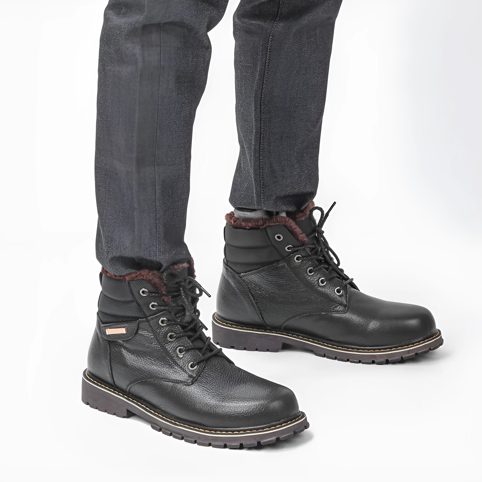 Plus size men's real leather snow boots with fleece lining, knee-high, rubber sole, black, sizes 39-47