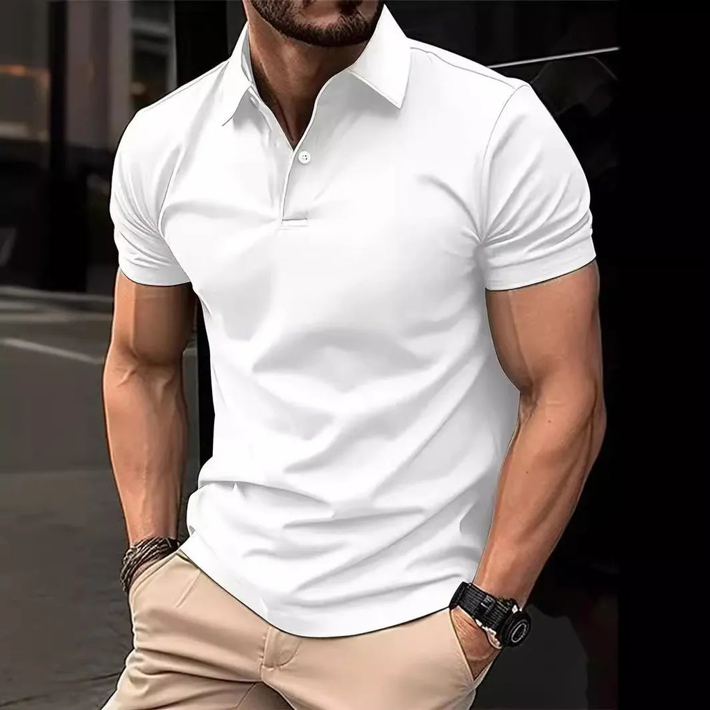 Men's slim fit button-front short sleeve casual shirt in a solid colour on a hanger.